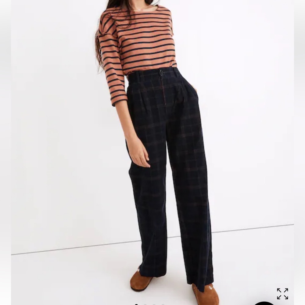 Madewell Navy Plaid Wide Leg Corduroy Pants